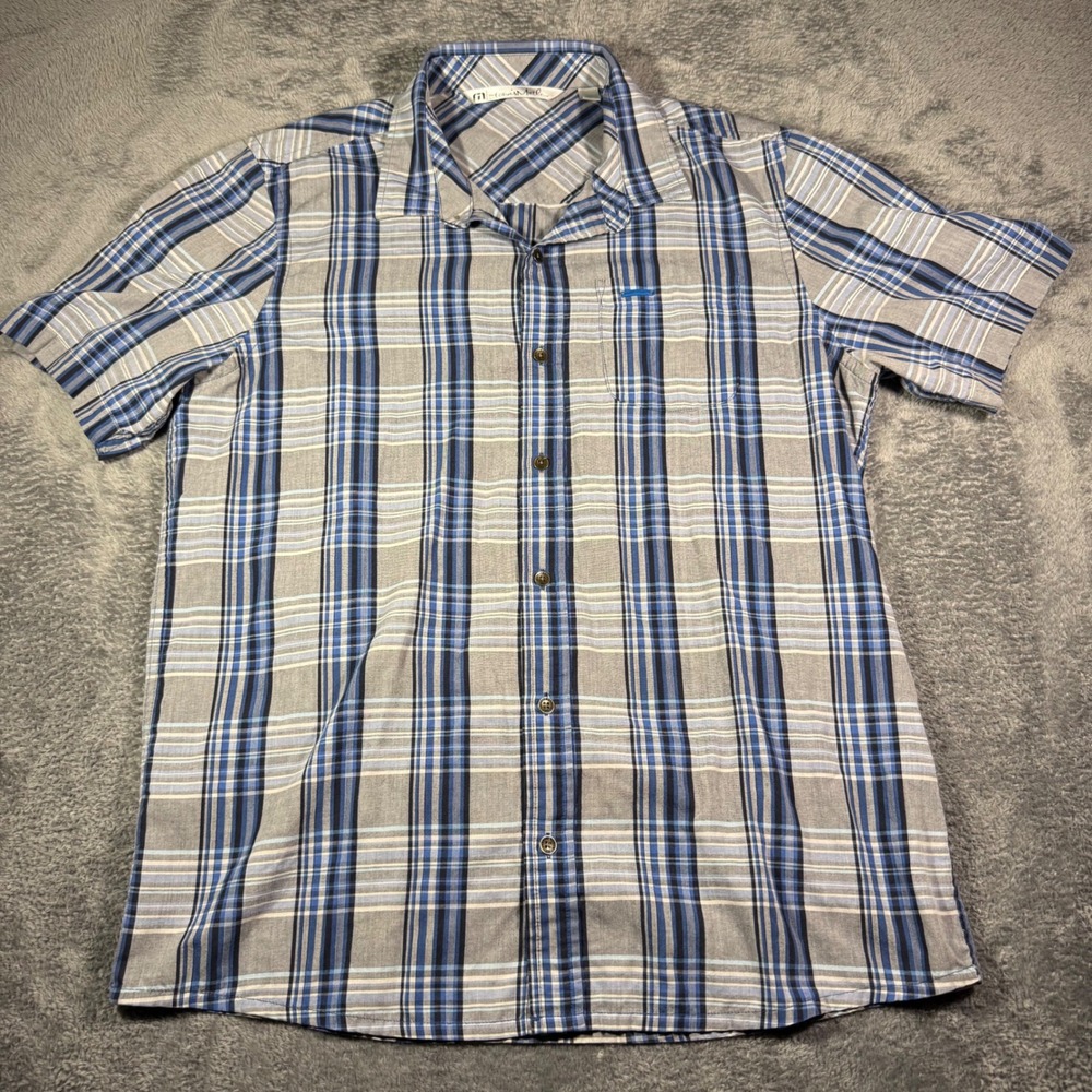 Travis Mathew Mens Large Blue Grey Plaid Short Sleeve Button Down